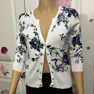 White House Black Market Floral Cardigan in White and Blue